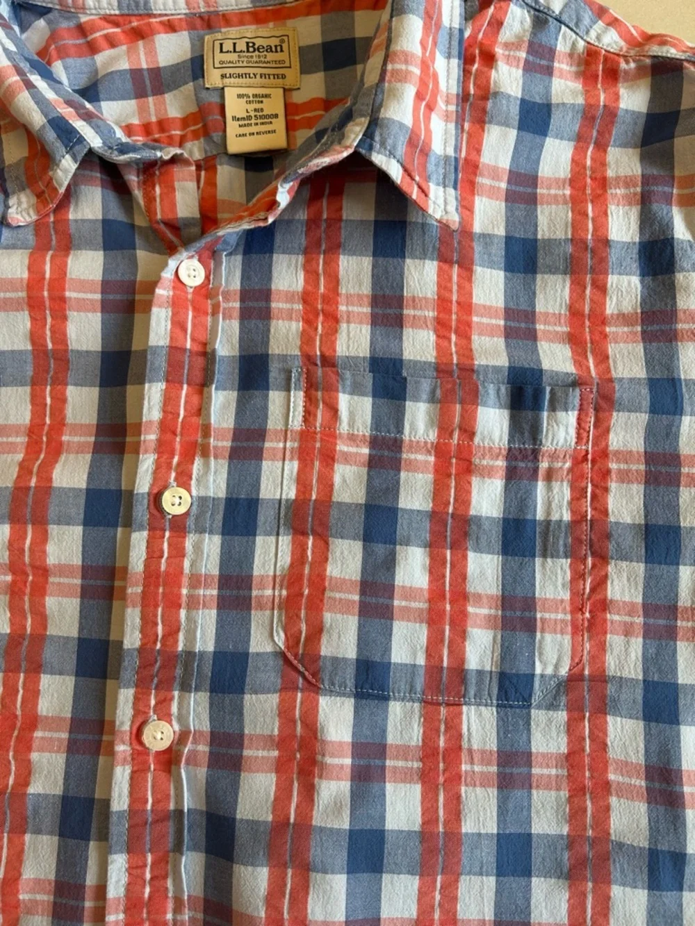 L.L. Bean Red, Blue & White Short Sleeve Plaid Cotton Button-Down Shirt. Size L - Picture 8 of 11